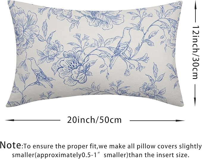 White Blue Chinoiserie Pillow Covers 12x20 Set of 2 Decorations Vintage Floral Throw Pillow Covers Boho Decor Rustic Pillowcases Farmhouse Pattern Soft Cozy for Sofa Bed Chair Home Decorative