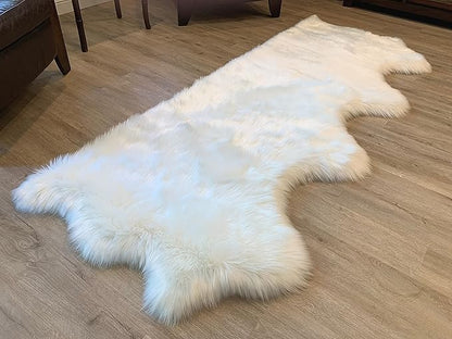 LAMBZY Faux Sheepskin Super Soft Hypoallergenic Silky Shag Rug for Living Room, Kids Room, Sofa (Quarto 4 Pelts Side by Side 3'x8', White)