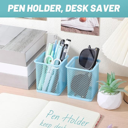Segarty Pencil Holder, 12 Pack Square Light Blue Pen Holder for Desk, Mesh Pencils Cup Container Marker Organizer Set for Office Supply, School Classroom, Home Desktop Storage and Organization
