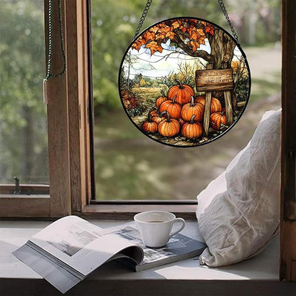 DASTOLL Stained Glass Window Hanging Fall Farm Scenery Maple Trees Pumpkin Large 11.8" - Suncatcher Door Garden Kitchen Sun Catcher Autumn Decor Birthday for Mom Nana Men Woman Friend