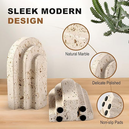 Natural Marble Book Ends - Heavy Duty Bookends for Shelves - Aesthetic Layered Arch Design Stone Book Holders, Unique Modern Office Bookshelf Stopper Decor for Books/CDs(Travertino Turkey)