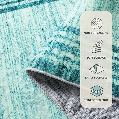 Lahome Abstract Runner Rug,Teal 2.5x12 Hallway Runners Rug Washable Non-Slip Long Kitchen Rugs Runner,Low-Pile Soft Runner Rugs for Hallway 12 ft Minimalist Solid Indoor Carpet Runner for Entryway