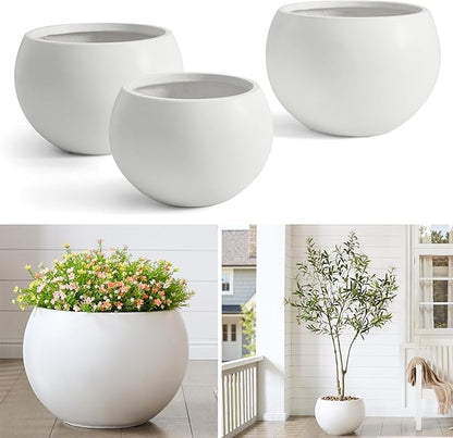 Fiberstone Sphere Planter, 19.3" Dia x 13" H Large Flower Pot with Drainage Hole and Silicone Plug, Round Plant Container for Indoor or Outdoor, 15" Opening, Large White