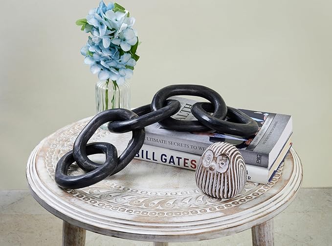 Wood Chain Link Decor Hand Carved 5-Link Wood Knot Decorative Chain, Rustic Link Decorative Object Large Wooden Chain for Home Living Room Coffee Table Farmhouse BLK 16 x 4 x 2