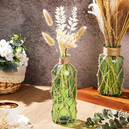 Chuangdi Set of 2 Coastal Glass Vases Christmas Vases for Flowers with Boho Rope Christmas Centerpieces for Tables Small Beach Bottle for Nautical Wedding Floral Arrangement Decorations(Green)