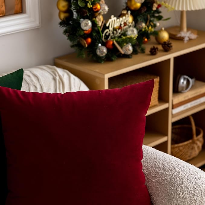 FEVERQIYI 22x22 Velvet Pillow Covers Set of 2 Christmas Red Decorative Square Throw Pillowcase Soft Solid Cushion Covers for Bedroom Living Room Outdoor Indoor Decoration