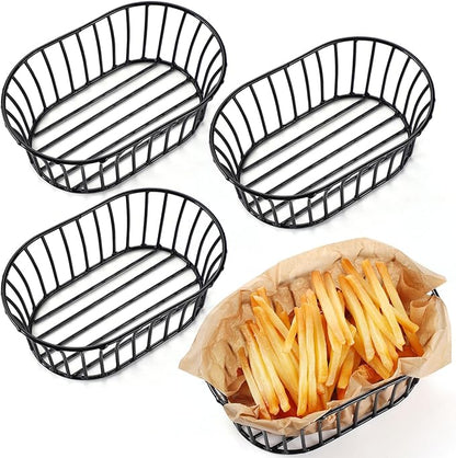 4 Pcs Wire Bread Basket 8.5 x 5.5 Inch Oblong Black Iron Wire Baskets for Serving Fast Food Fruit Burger Fries Hot Dog Kitchen Picnic Barbecue Party