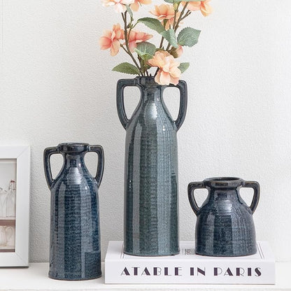 Ceramic Vase Set of 3 - Rustic Vases Set for Flower Centerpieces Pampas Grass - 3 Blue Bud Vase for Decor - Modern Decoration Terracotta Vases for Home Farmhouse Table Office, Mini Pottery Vase