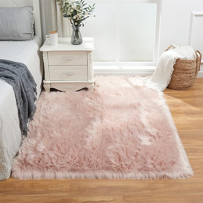EasyJoy Ultra Soft Fluffy Shaggy Area Rug Faux Fur Rug Chair Cover Seat Pad Fuzzy Area Rug for Bedroom Floor Sofa Living Room (4 x 6 ft Rectangle, Pink)