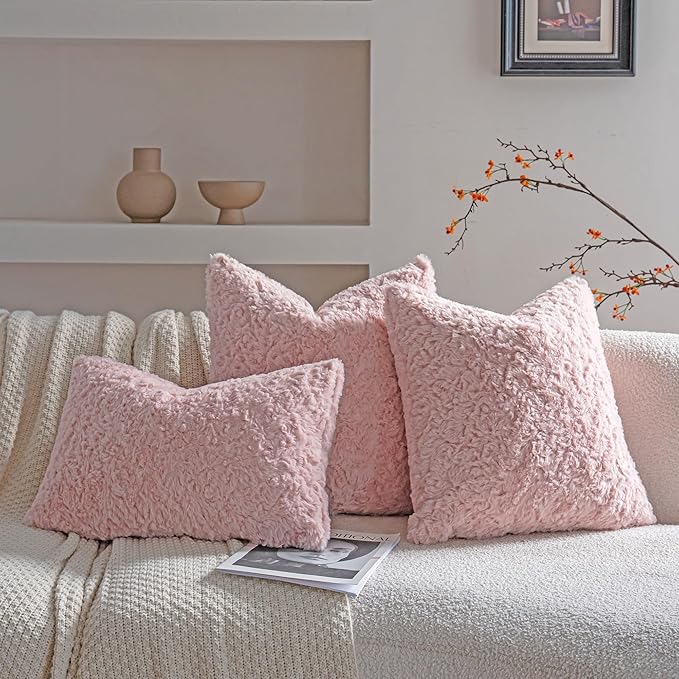 Neelvin Set of 2 Faux Fur Throw Pillow Covers 16x16 Inch Pink Cozy Soft Solid Decorative Pillowcases Thick Plush Sheepskin Cushion Case for Chair and Couch Sofa Bedroom