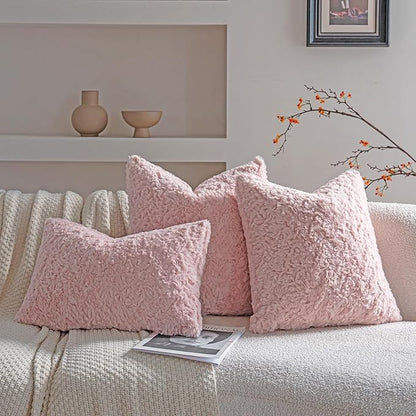Neelvin Set of 2 Faux Fur Throw Pillow Covers 16x16 Inch Pink Cozy Soft Solid Decorative Pillowcases Thick Plush Sheepskin Cushion Case for Chair and Couch Sofa Bedroom