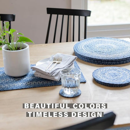 Homespice Denim Jute Braided Small Table Runners, Coastal Country Decor, Set of 2, Blue Rectangle 8x28 - Rich Colors, Easy to Clean, Durable and Protects Furniture