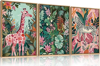 Large Jungle Giraffe and Zebra Framed Canvas Wall Art,Modern Safari Wild Animal Wall Decor,Tropical Nature Wildlife Artwork,Boho Botanical Art Print for Living Room,Bedroom,Office-16 x24 x3