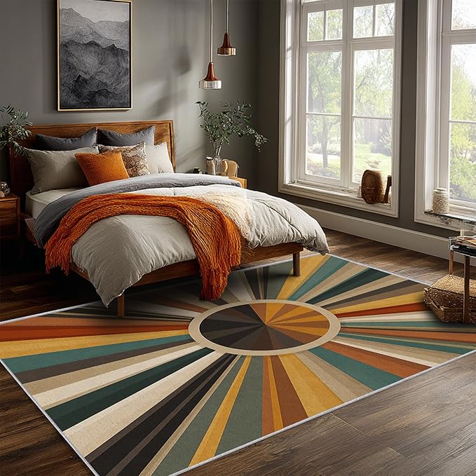 Cool Sun Rug, 6x9 Area Rugs Boho Striped Vintage Country Pattern for Living Room, Bedroom, Cool Sun Home Decor Accessories Indoor Carpet, Non Slip & Machine Washable