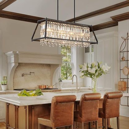 LMQNINE Chandeliers for Dining Room, 4-Light Trapezoidal Industrial Dining Room Light Fixture Farmhouse Chandelier Crystal Pendant Lights Kitchen Island Living Room (Black 35.43 inch)