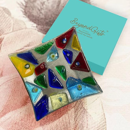 LADY&HOME Glass Decorative Jewelry Tray,Fused Art Glass Silver Foil Trinket Dish for Earrings,Necklace,Keys,Birthday Mother's Day Christmas Gifts for Women (Triangle)