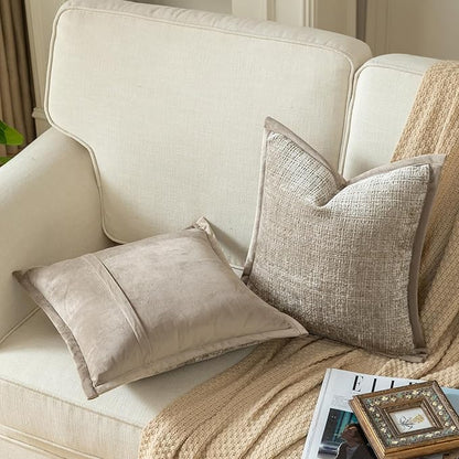 Yaertun Pack of 2 Chenille Textured Decorative Throw Pillow Covers Accent Solid Cushion Cover Soft Cozy Pillow Case with Velvet Back for Couch Sofa Bed Living Room 20x20 Inch Khaki