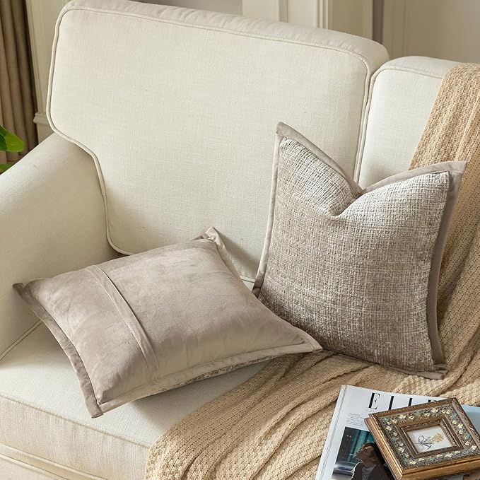 Yaertun Pack of 2 Chenille Textured Decorative Throw Pillow Covers Accent Solid Cushion Cover Soft Cozy Pillow Case with Velvet Back for Couch Sofa Bed Living Room 24x24 Inch Khaki