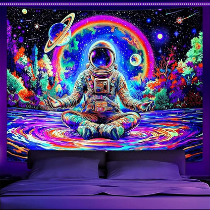 Haibimen Blacklight Astronaut Tapestry Wall Hanging Space Galaxy Travel Funny Meditation Tapestries for Bedroom Colorful Aesthetic Cool Wall Art for Guys Gamer Room Dorm Living Room (Yoga, 60''×44'')
