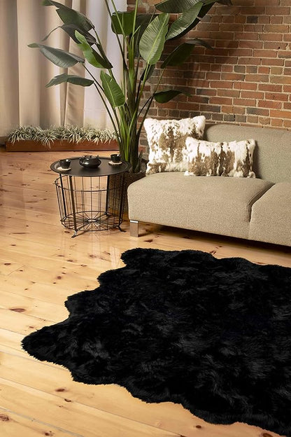 Luxe Gordon Faux Fur Rug with Soft and Fluffy Pile | Machine Washable Living Room Rug with Anti-Slip Backing | Cruelty-Free Area Rugs for Office or Bedroom, Black, 6 ft x 6 ft