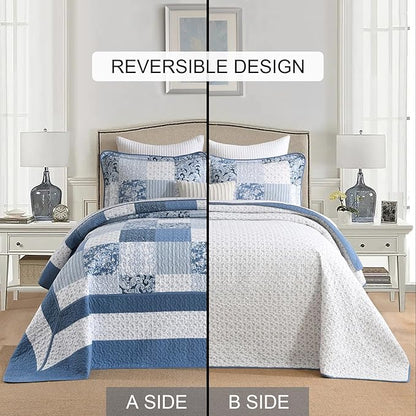 SahSahCasa 100% Cotton 120"x120" Oversized California King Bedspread Coverlet Quilt Set, Cal King Plaid Paisley Floral Extra Large Reversible XL Bed Spread Lightweight Comforter, Blue/White/Gray