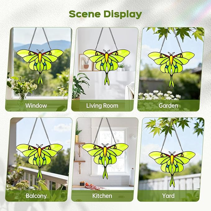 Luna Moth Sun Catcher Stained Glass Window Hanging IDEA SHOW 7.3Inch Handmade Real Glass Suncatcher Ornaments, Elegant Green Butterfly Memorial Gifts for Women, Mom, Grandma