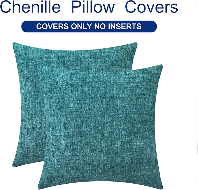 CaliTime Throw Pillow Covers Decorative 20 X 20 Inches Pack of 2 Cotton Thread Stitching Edges Solid Dyed Soft Chenille Cushion Cases for Couch Sofa Bed Living Room Farmhouse Teal