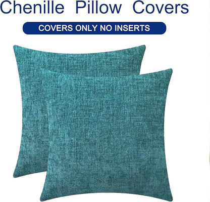 CaliTime Throw Pillow Covers Decorative 16 X 16 Inches Pack of 2 Cotton Thread Stitching Edges Solid Dyed Soft Chenille Cushion Cases for Couch Sofa Bed Living Room Farmhouse Teal