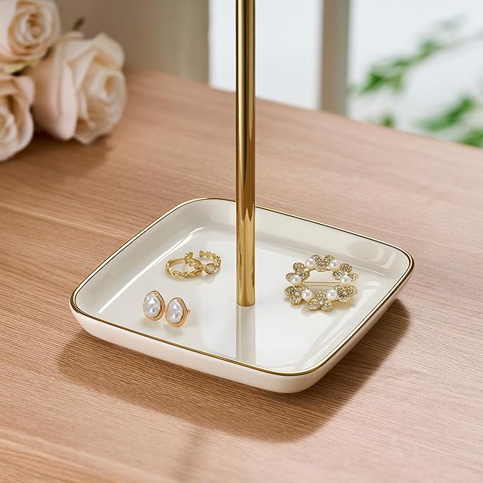 pickpiff Necklace Holder Stand with Ceramic Base: 12" Jewelry Tree Display Organizer for Necklaces, Bracelets, Rings, Earrings, Tall Gold Stand for Women, Aesthetic Room Décor