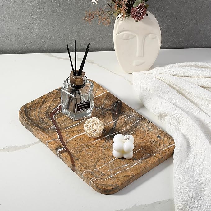 Koville Marble Tray, 12"x8" Marble Vanity Tray for Bathroom Kitchen Countertop, Rectangular Stone Tray for Cosmetics Perfume Trinket, Decorative Catchall Trays (Rainforest Gold)