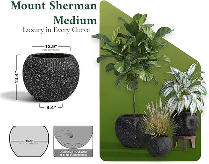 DTY Signature Mount Sherman Modern Indoor Outdoor Fiberstone Sphere Planter, Durable Round Garden Pot, Weather Resistant, Drainage Hole & Rubber Plug (Ribbed Black, Medium)