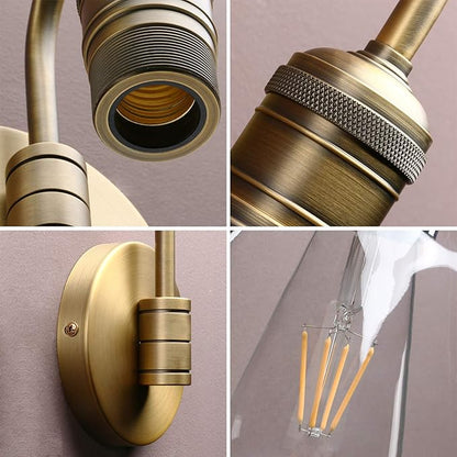 Yosoan 1-Light Brass Modern Vintage Indoor Wall Sconce, Vanity Single Luxury Hardwired Retro Textured Clear Round Globe Glass Shade with Industrial Curved Rod Bathroom Lamp(Antique)