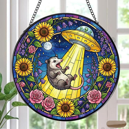 Rngmsi Funny Stained Glass Window Hanging, 8 Inch Opossum Sun Catcher Gift for Housewarming, Decorative Suncatchers Gifts for Wall Art Landscape Hanging Home Decor