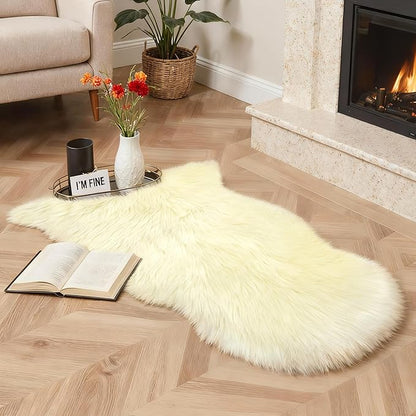 GENIMO 2x3 Fluffy Faux Fur Rug, Ultra Soft Shaggy Sheepskin Rug, High Pile Suede Backed Plush Area Rugs for Bedroom Living Room Indoor Floor Chair Cover Sofa, Cream