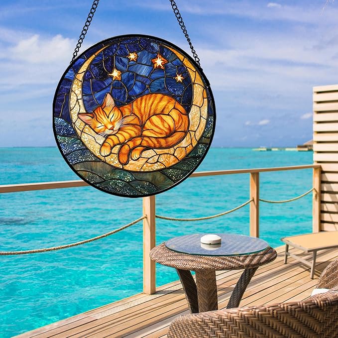 Stained Glass Window Hanging - Orange Moon Sleeping Cat Sun Catcher for Door Home Decor Blue Starry Sky Suncatcher Christmas Mother's Day Birthday Gifts for Women Men Mom Nana 6.3 in