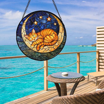 Stained Glass Window Hanging - Orange Moon Sleeping Cat Sun Catcher for Door Home Decor Blue Starry Sky Suncatcher Christmas Mother's Day Birthday Gifts for Women Men Mom Nana 6.3 in