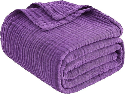 EMME Cotton Muslin King Blanket Big Oversized Bed Layering Bedspread Coverlet Breathable Gauze Soft Lightweight Blankets (Purple, 120"x94")