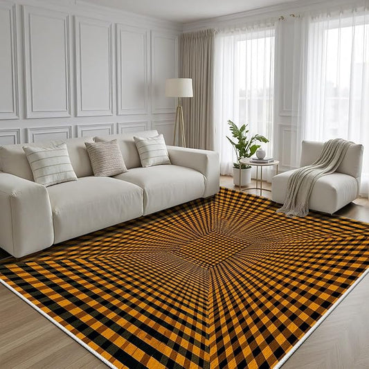 3D Rugs Optical Illusion - Plaid Rug 4x6, Geometric Stripes Soft Neutral Indoor Floor Mats Carpet, Non-Slip Stain Resistant Modern Orange Rug for Bedroom, Living Room Rugs