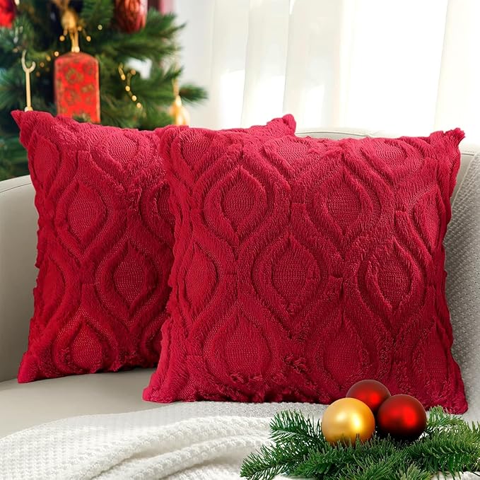 decorUhome Euro Sham Throw Pillow Covers 24x24 Inch Set of 2, Soft Plush Faux Wool Red Solid Couch Pillow Covers, Accent Farmhouse Neutral Square Pillow Cases for Sofa Bed Living Room