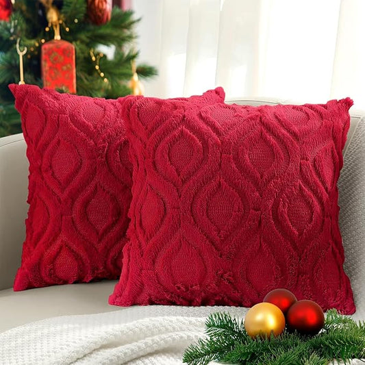 decorUhome Euro Sham Throw Pillow Covers 22x22 Inch Set of 2, Soft Plush Faux Wool Red Solid Couch Pillow Covers, Accent Farmhouse Neutral Square Pillow Cases for Sofa Bed Living Room