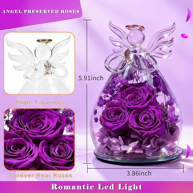 Beferr Valentines Day Rose Gifts for Her Women Mom Gifts for Birthday, Fresh Flowers for Delivery Forever Preserved Rose in Glass Angel Figurine, for Grandma Wife Kids Daughter