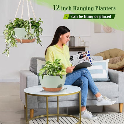 Hanging Planters for Outdoor Indoor Plants, 2 Pack 12 Inch Hanging Basket Plants Outdoor, Self Watering Hanging Planter with Plant Hanger for Garden Home Decoration (Green)