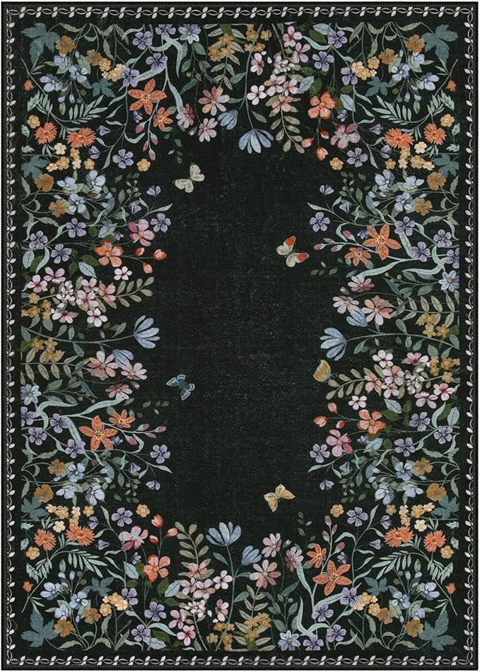 Lahome Boho Floral Black Washable 5x7 Area Rugs for Living Room, Non Slip Rugs for Bedroom, Indoor Throw Dining Room Carpet for Under Table Entryway Kitchen Office(Black,5x7)