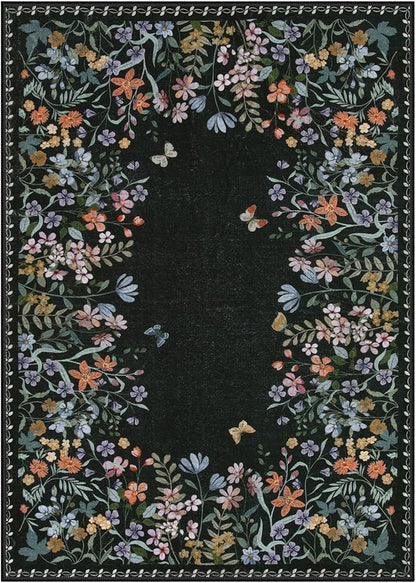 Lahome Boho Floral Black Washable 5x7 Area Rugs for Living Room, Non Slip Rugs for Bedroom, Indoor Throw Dining Room Carpet for Under Table Entryway Kitchen Office(Black,5x7)