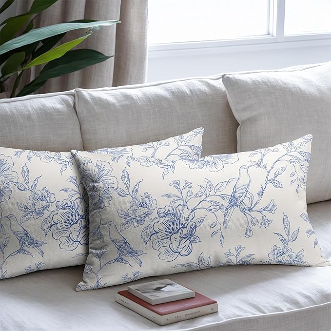 White Blue Chinoiserie Pillow Covers 12x20 Set of 2 Decorations Vintage Floral Throw Pillow Covers Boho Decor Rustic Pillowcases Farmhouse Pattern Soft Cozy for Sofa Bed Chair Home Decorative