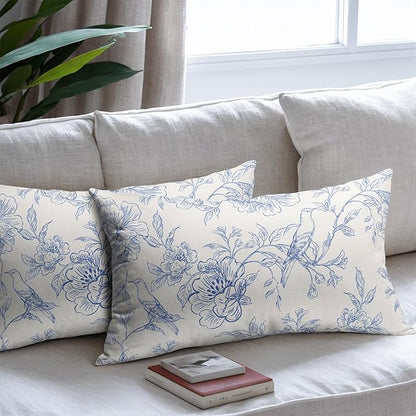 White Blue Chinoiserie Pillow Covers 12x20 Set of 2 Decorations Vintage Floral Throw Pillow Covers Boho Decor Rustic Pillowcases Farmhouse Pattern Soft Cozy for Sofa Bed Chair Home Decorative