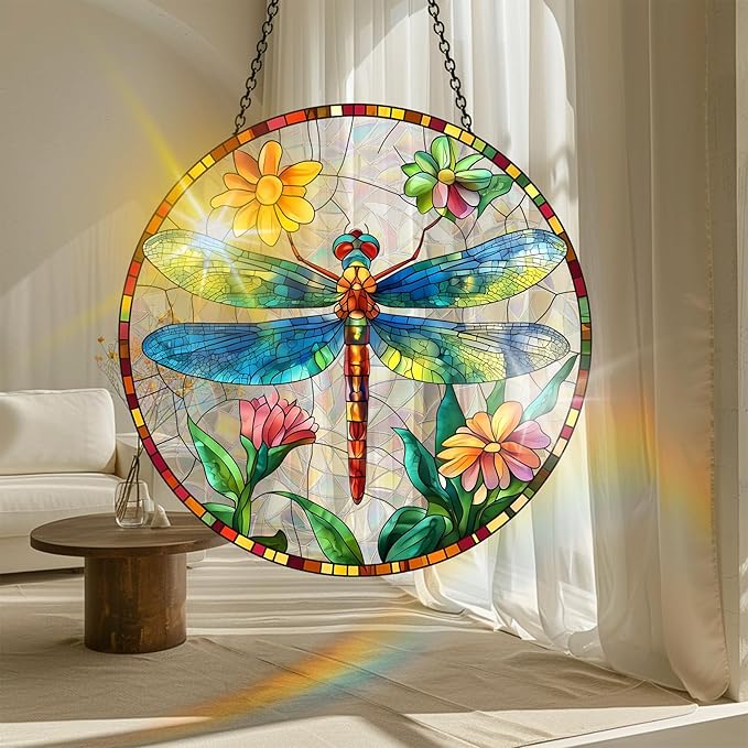 VAIIEYO Dragonfly Acrylic Sun Catcher Window Hanging Decoration, 7.8 Inch Double-Sided Light Reflecting Ornament for Window, Garden, Porch or Balcony Decor, Housewarming, Gift for Natural Lovers