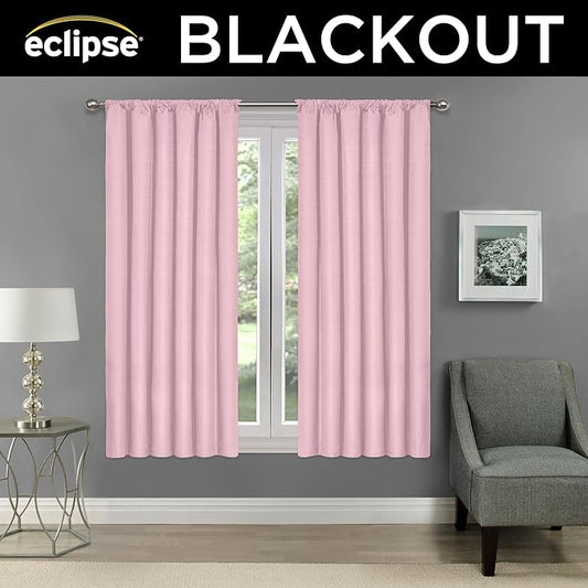 Eclipse Kendall Modern Blackout Thermal Rod Pocket Window Curtain, Insulating & Noise Reducing Curtains for Bedroom or Living Room (1 Panel), 63 in Long x 42 in Wide, Soft Pink