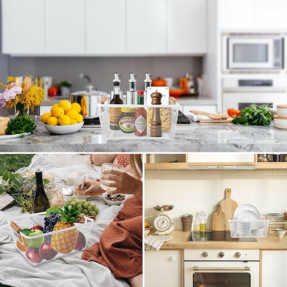 2Pack Metal Mesh Steel Basket with Bamboo Handle - Wire Metal Basket for Kitchen Organization, 12" Wide Food Organizer Bin, Perfect for Organizing Bulk Pantry (WHITE)