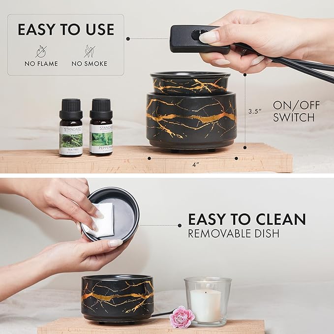 PALANCHY Wax Melt Warmer Ceramic 3-in-1 Oil Burner Electric Candle Wax Warmer Burner Melter Fragrance Warmer for Scented Waxs Home Office Bedroom Aromatherapy Gift& Decor (Black Gold)